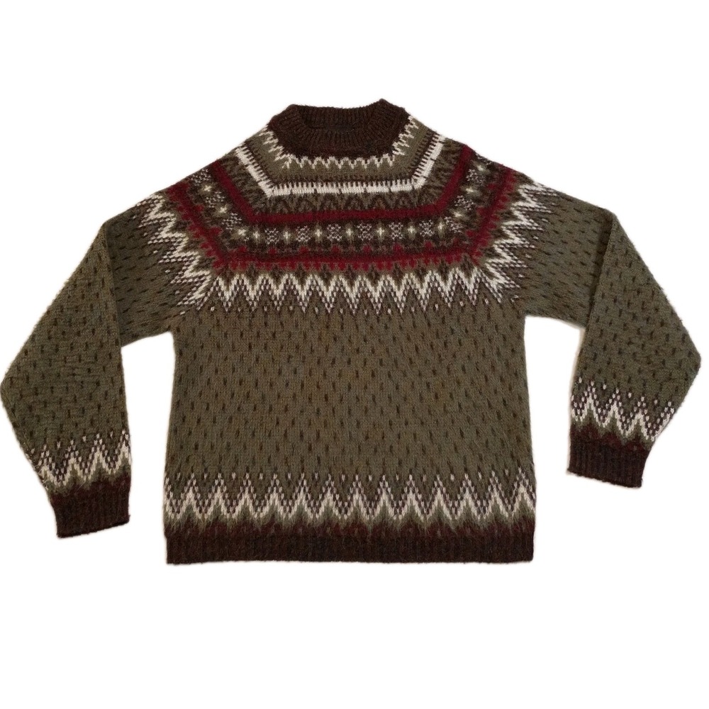 Jockey Olive Green Fair Isle Sweater with Maroon and Cream Accents